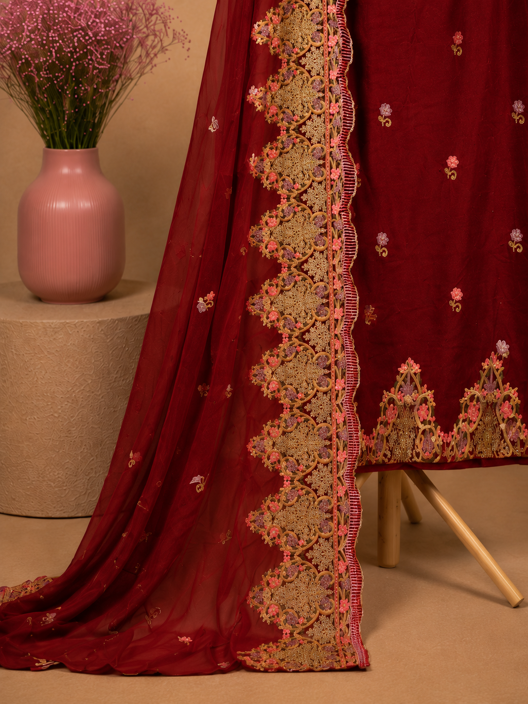 MEHROON UNSTICHED SUIT SET