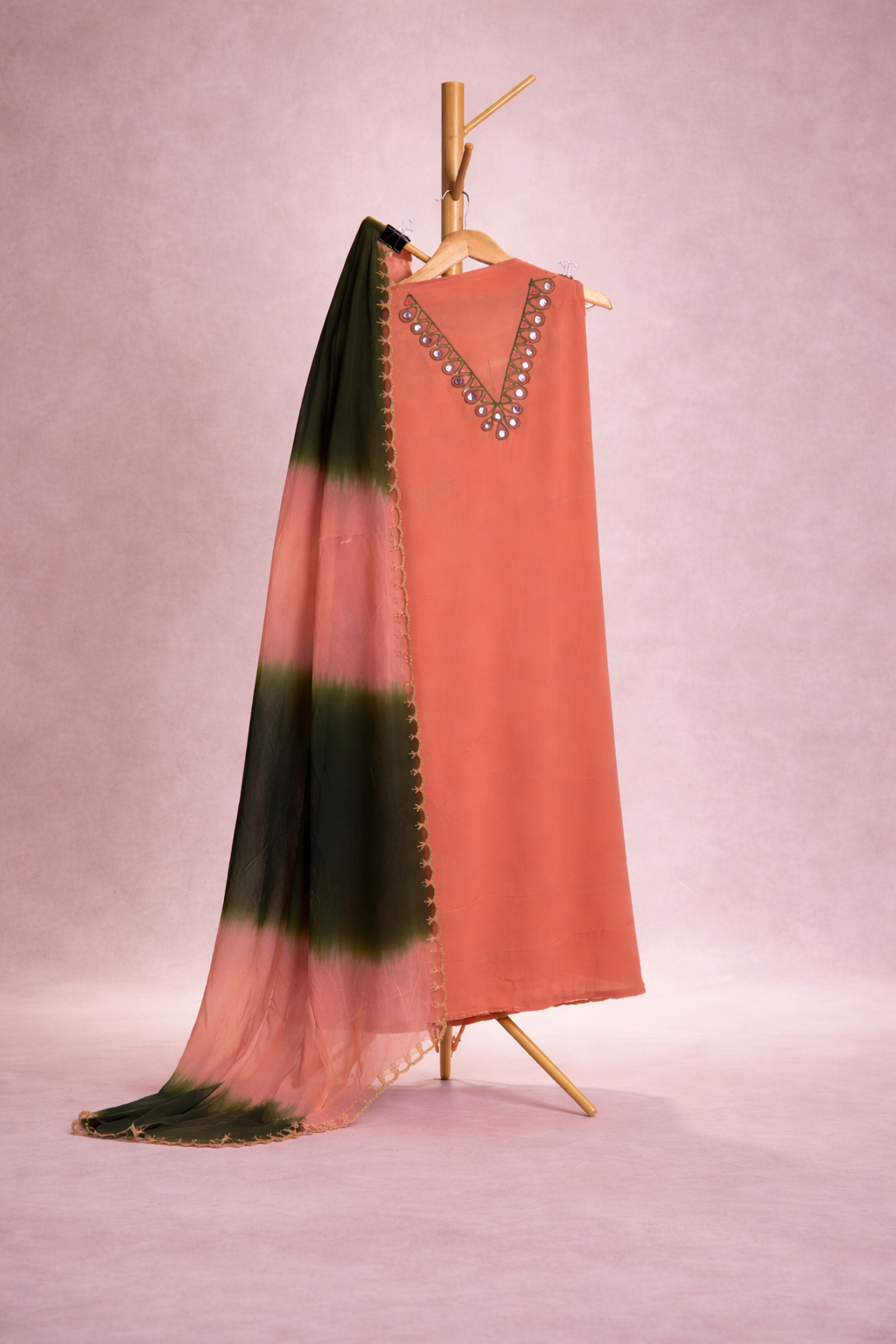 PEACH MIRROR AND AARI WORK UNSTICHED SUIT SET