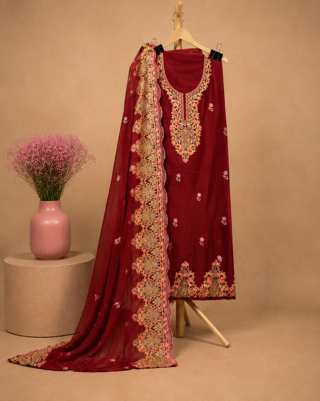 MEHROON UNSTICHED SUIT SET