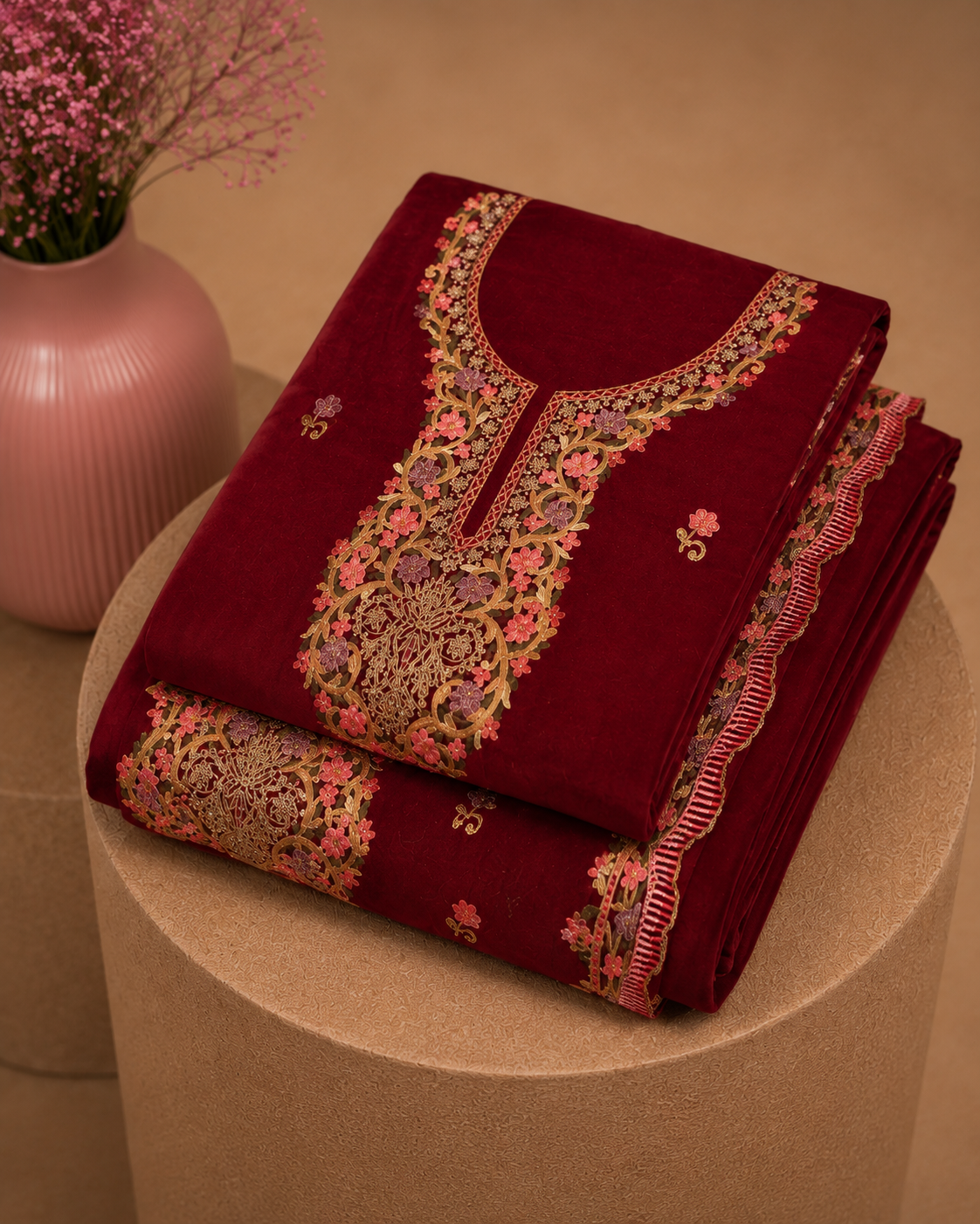 MEHROON UNSTICHED SUIT SET