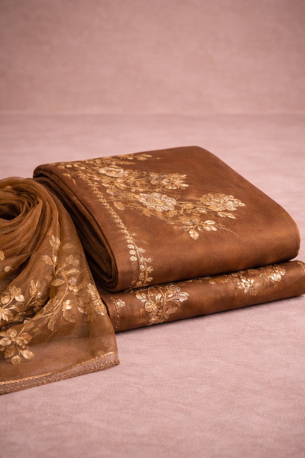 EMBOSSED WORK CINNAMON UNSTICHED SUIT SET