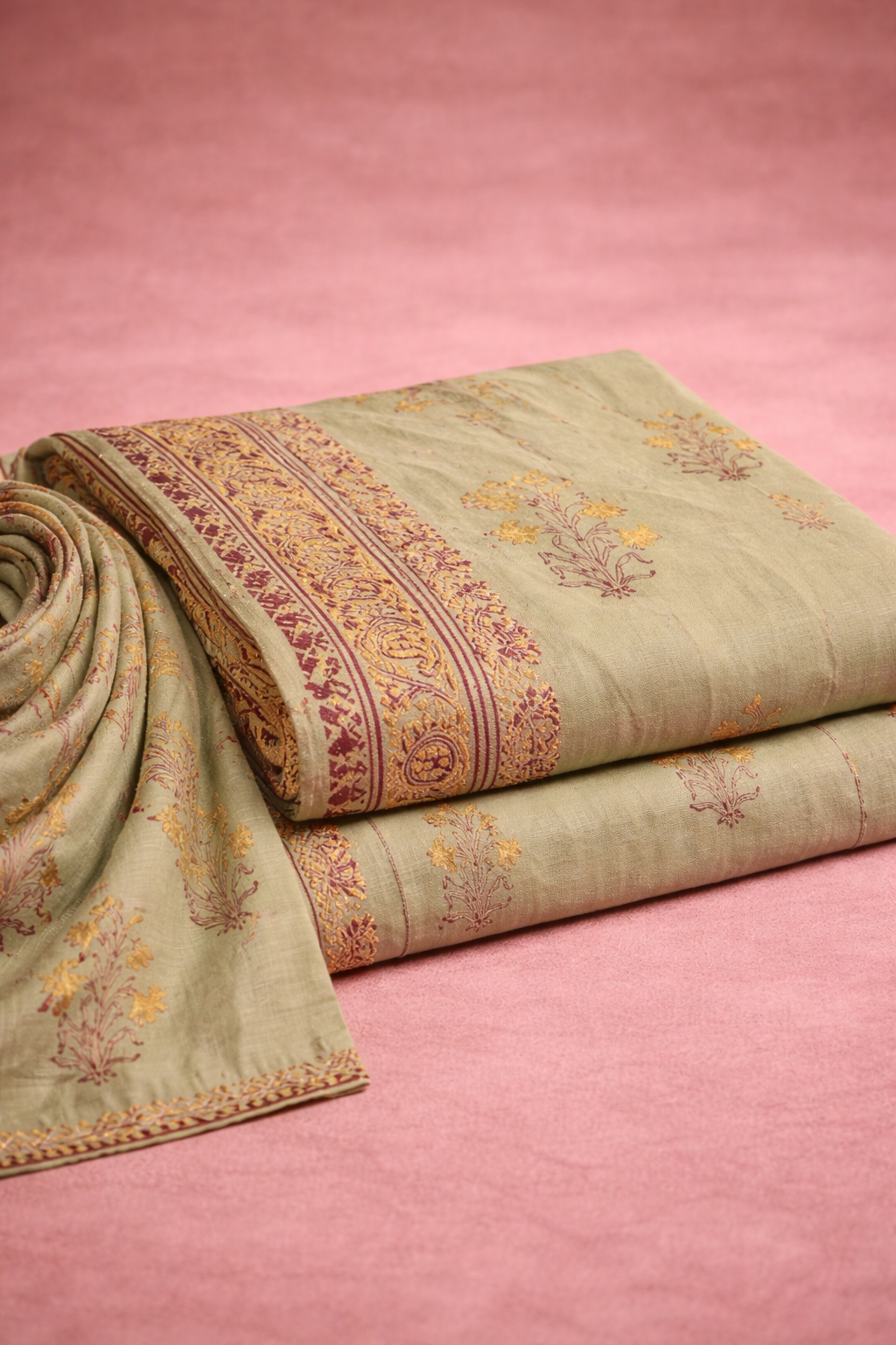 PASTEL GREEN BLOCK PRINT LINEN UNSTICHED SUIT SET