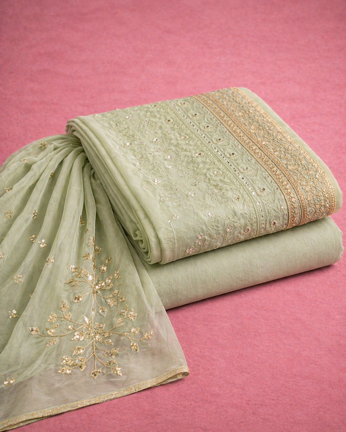 PASTEL GREEN CHICKEN KARRI UNSTICHED SUIT SET