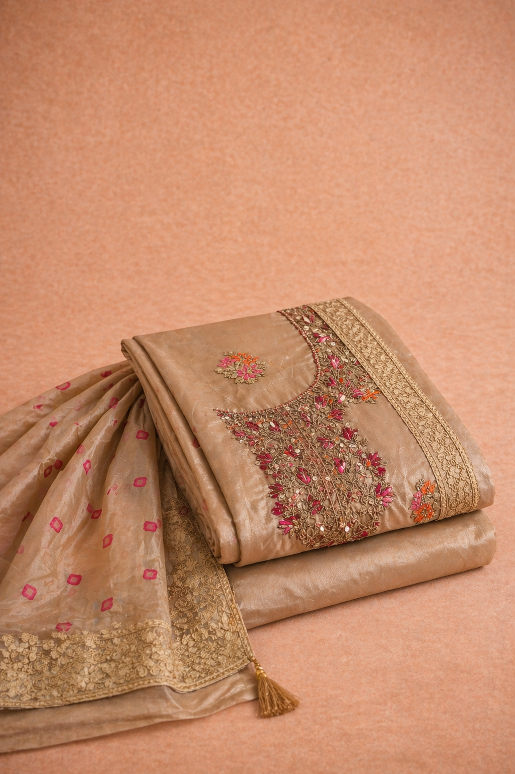 IVORY HANDWORK UNSTICHED SUIT SET