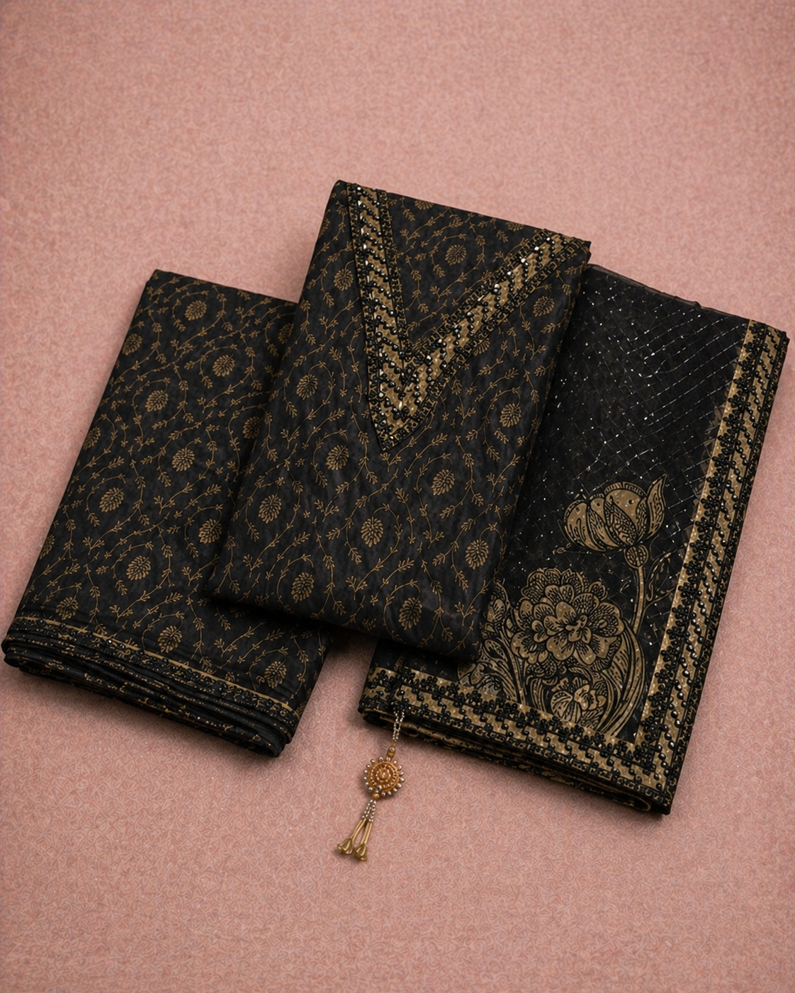 BLACK HANDWORK EMBROIDERY WORK UNSTICHED SUIT SET