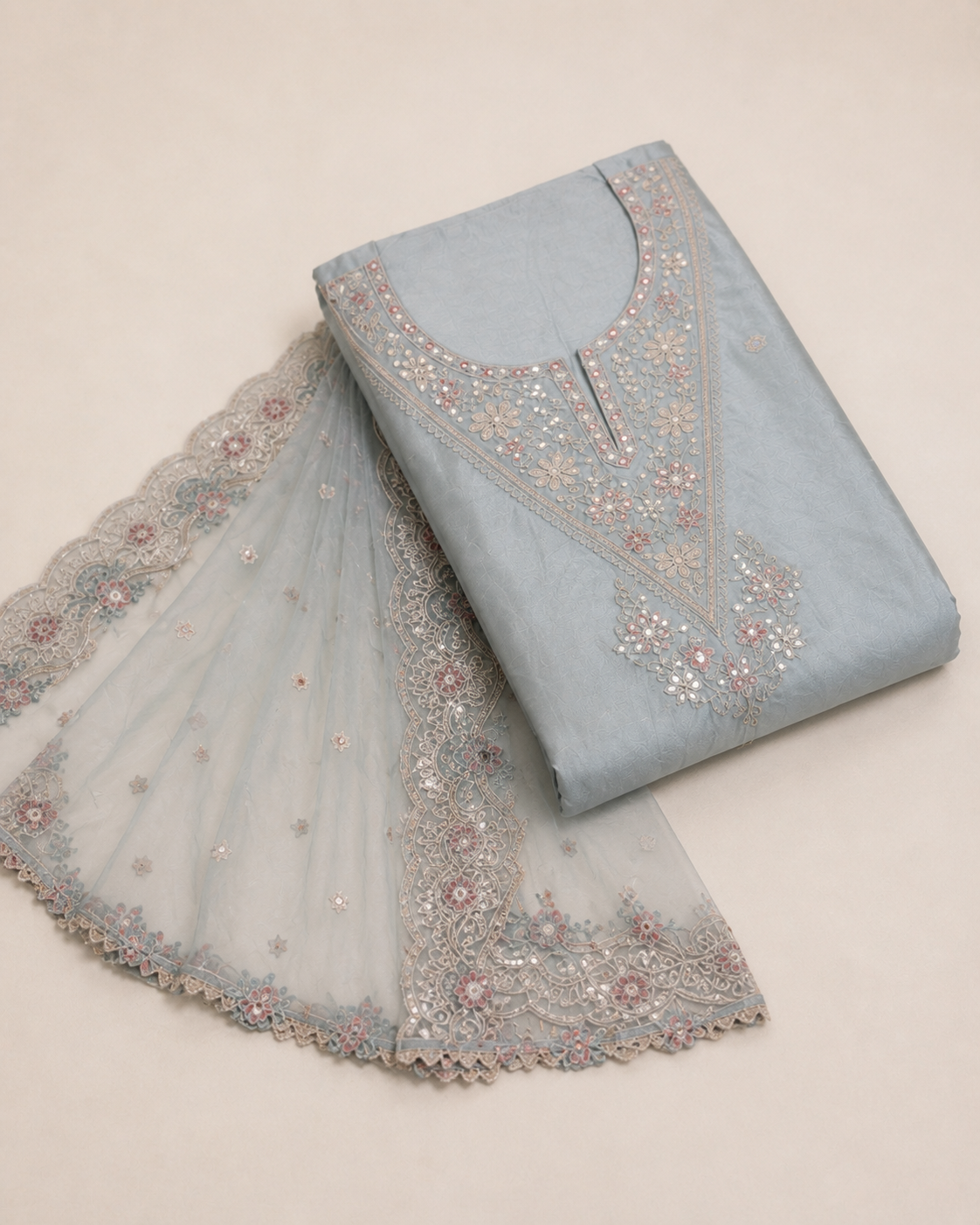 ICE BLUE ORGANZA EMBROIDERY UNSTICHED SUIT SET