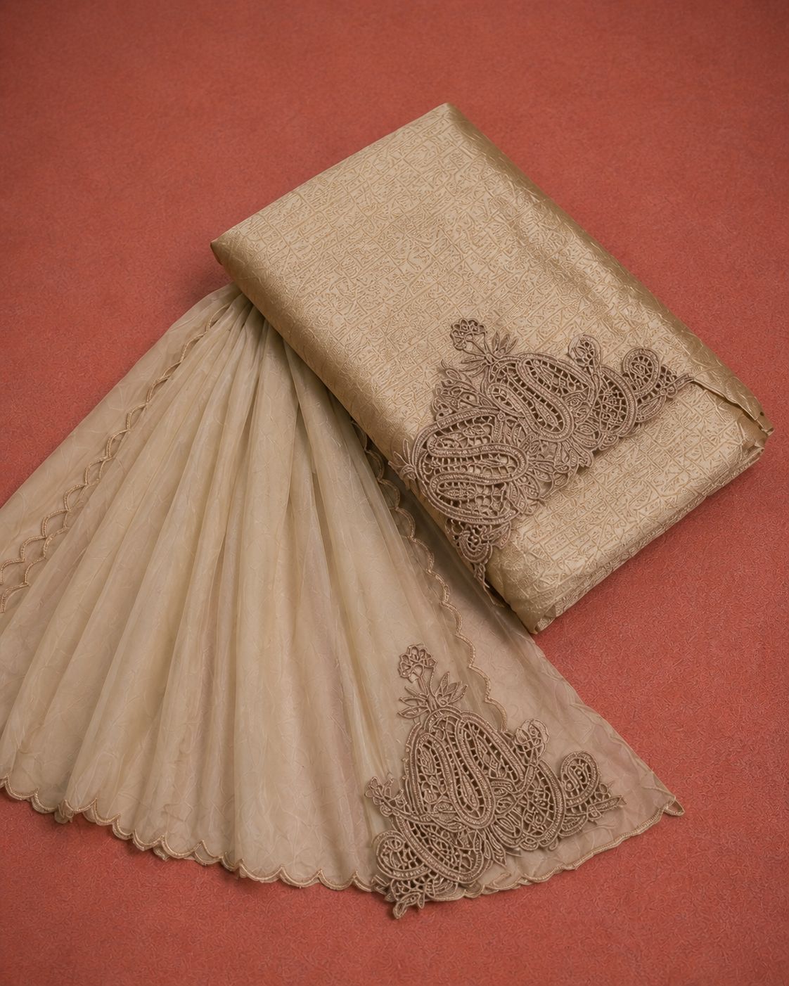BEIGE MACHINE WORK SILK N ORGANZA UNSTICHED SUIT SET