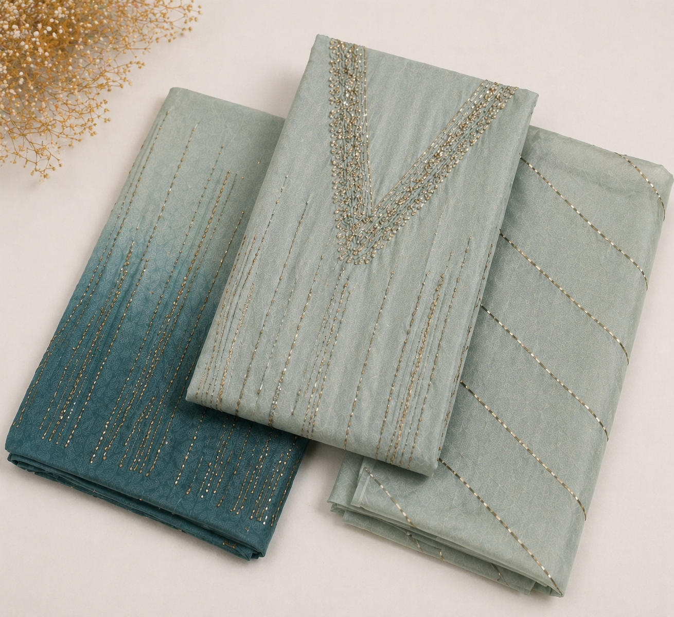 GREEN OMBRE HANDWORK UNSTICHED SUIT SET
