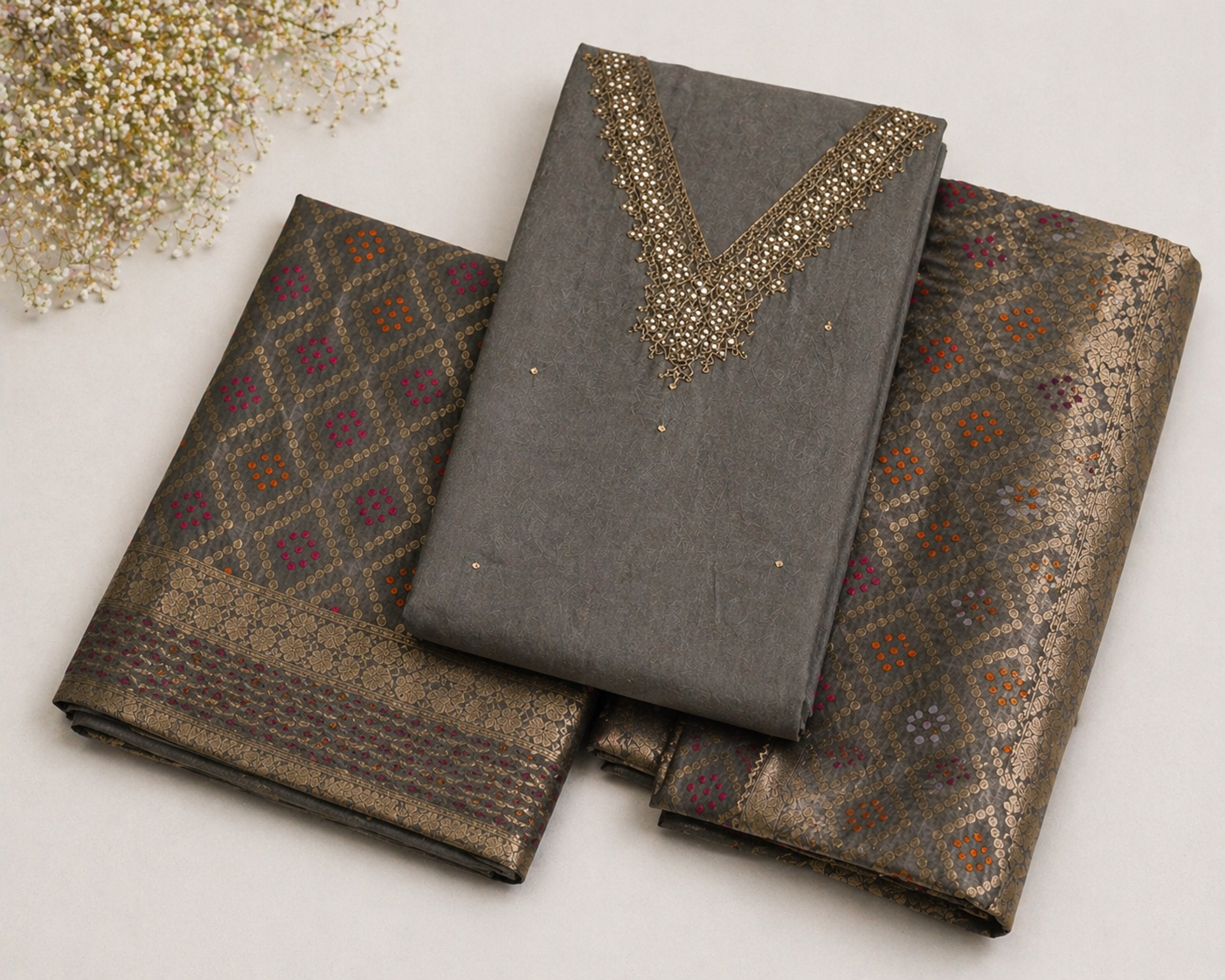 GREY HANDWORK SILK UNSTCIHED SUIT SET