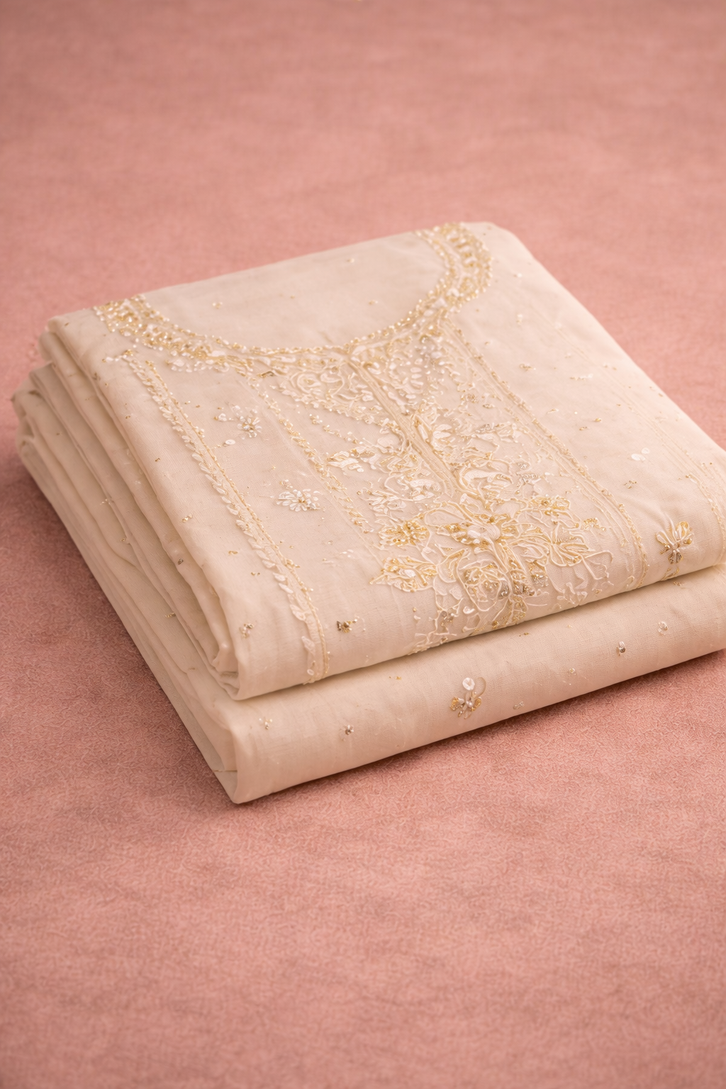LUCKNAWI WHITE UNSTICHED SUIT SET