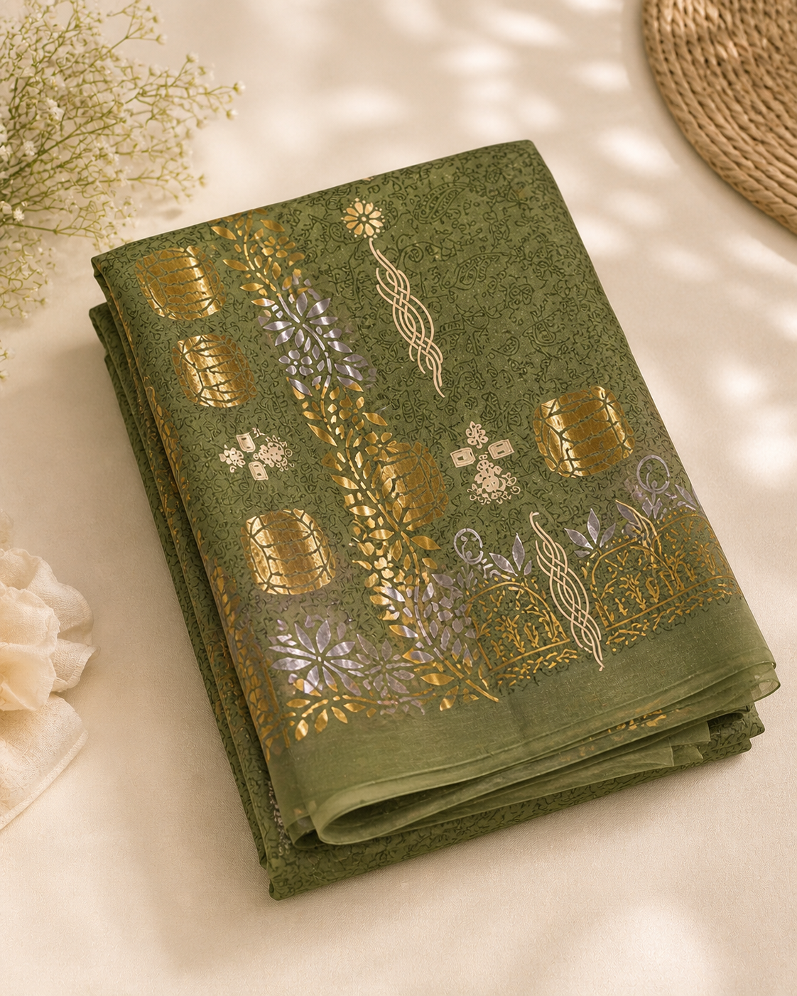 GREEN EMBOSSED ORGANZA UNSTICHED SUIT SET