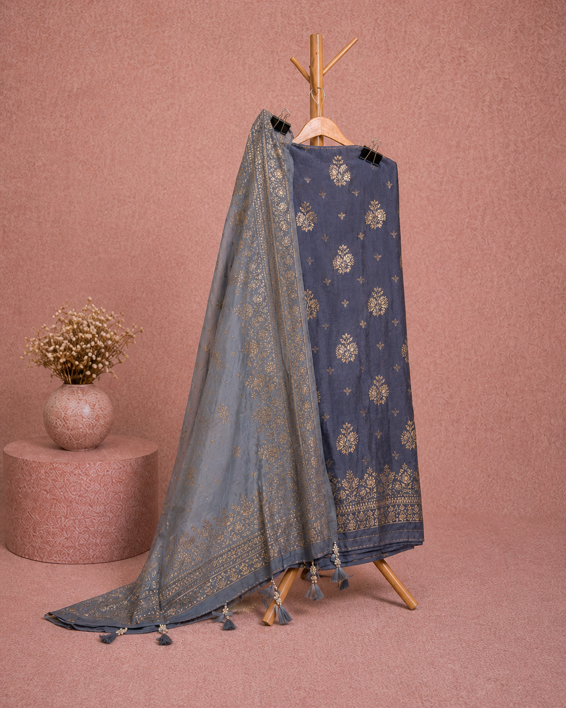 GREY BANARSI SILK UNSTICHED SUIT SET