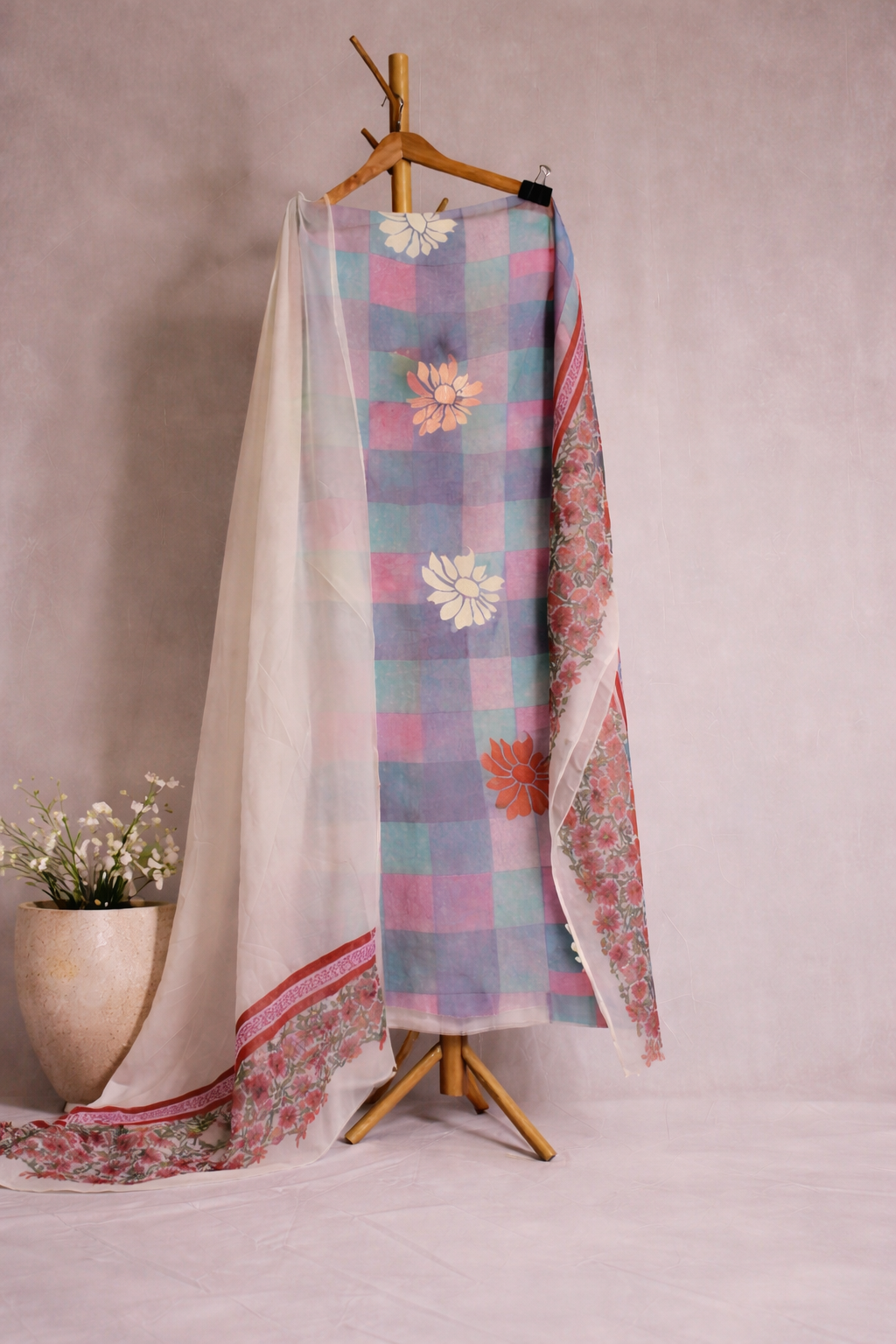 WHITE FLORAL UNSTICHED SUIT SET