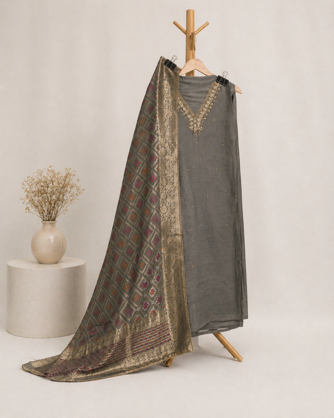 GREY HANDWORK SILK UNSTCIHED SUIT SET