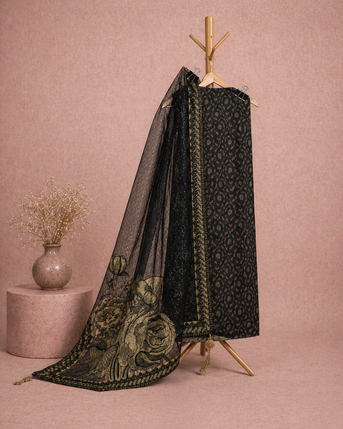 BLACK HANDWORK EMBROIDERY WORK UNSTICHED SUIT SET