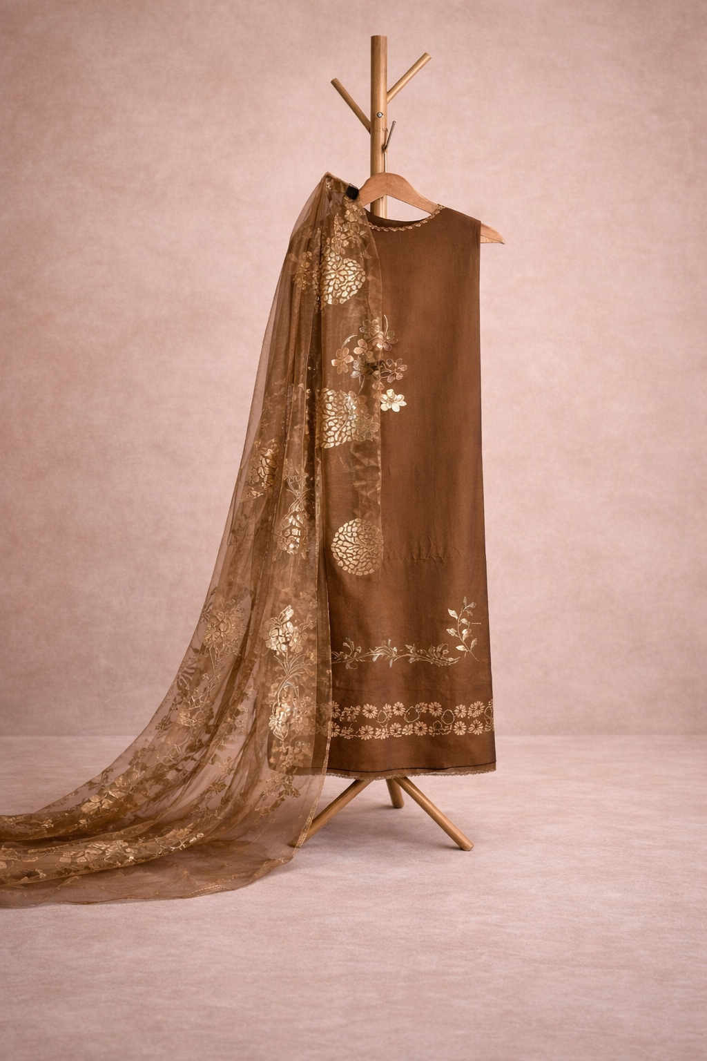 EMBOSSED WORK CINNAMON UNSTICHED SUIT SET