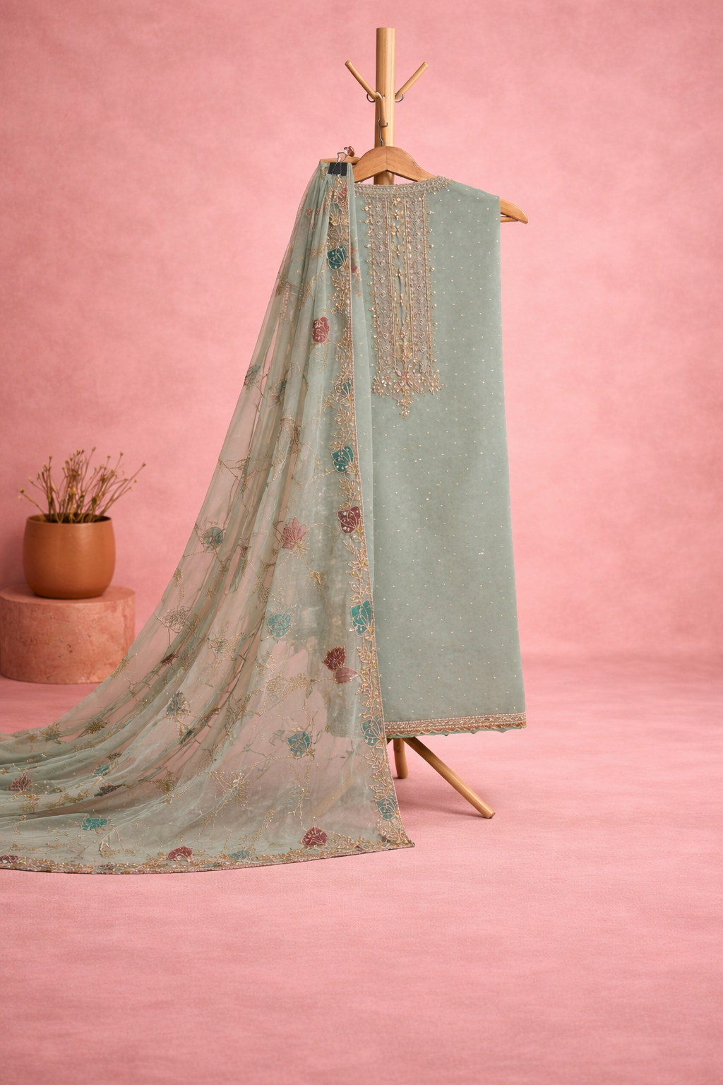 ICE BLUE FLORAL UNSTICHED SUIT SET