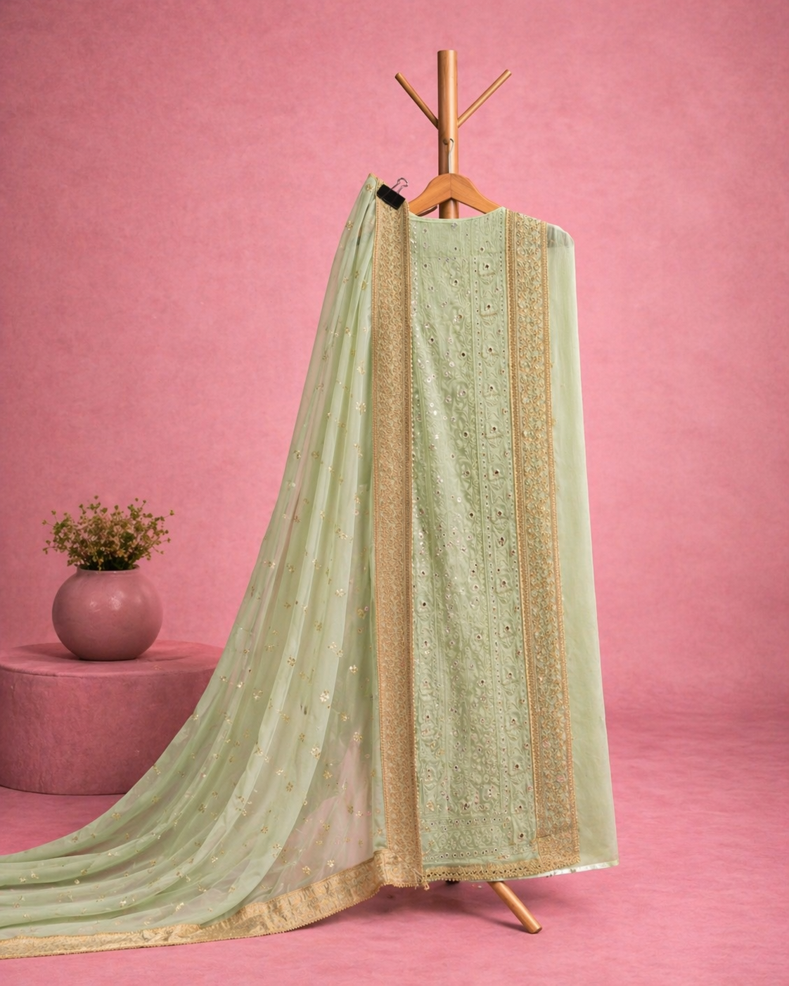 PASTEL GREEN CHICKEN KARRI UNSTICHED SUIT SET