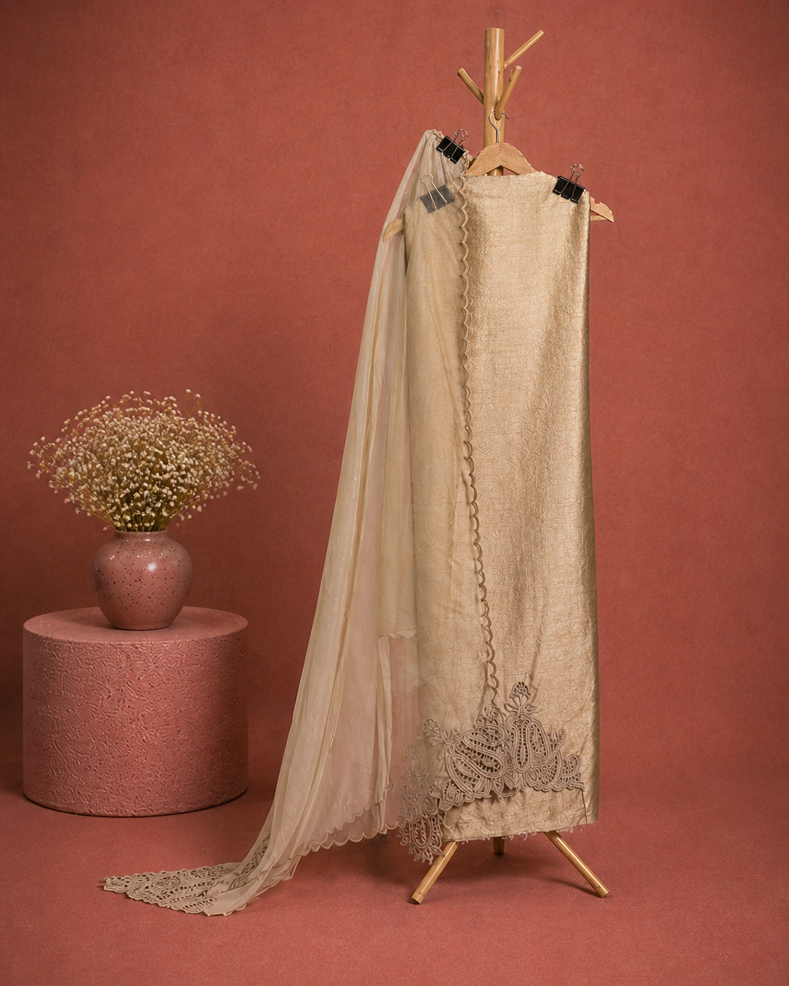 BEIGE MACHINE WORK SILK N ORGANZA UNSTICHED SUIT SET