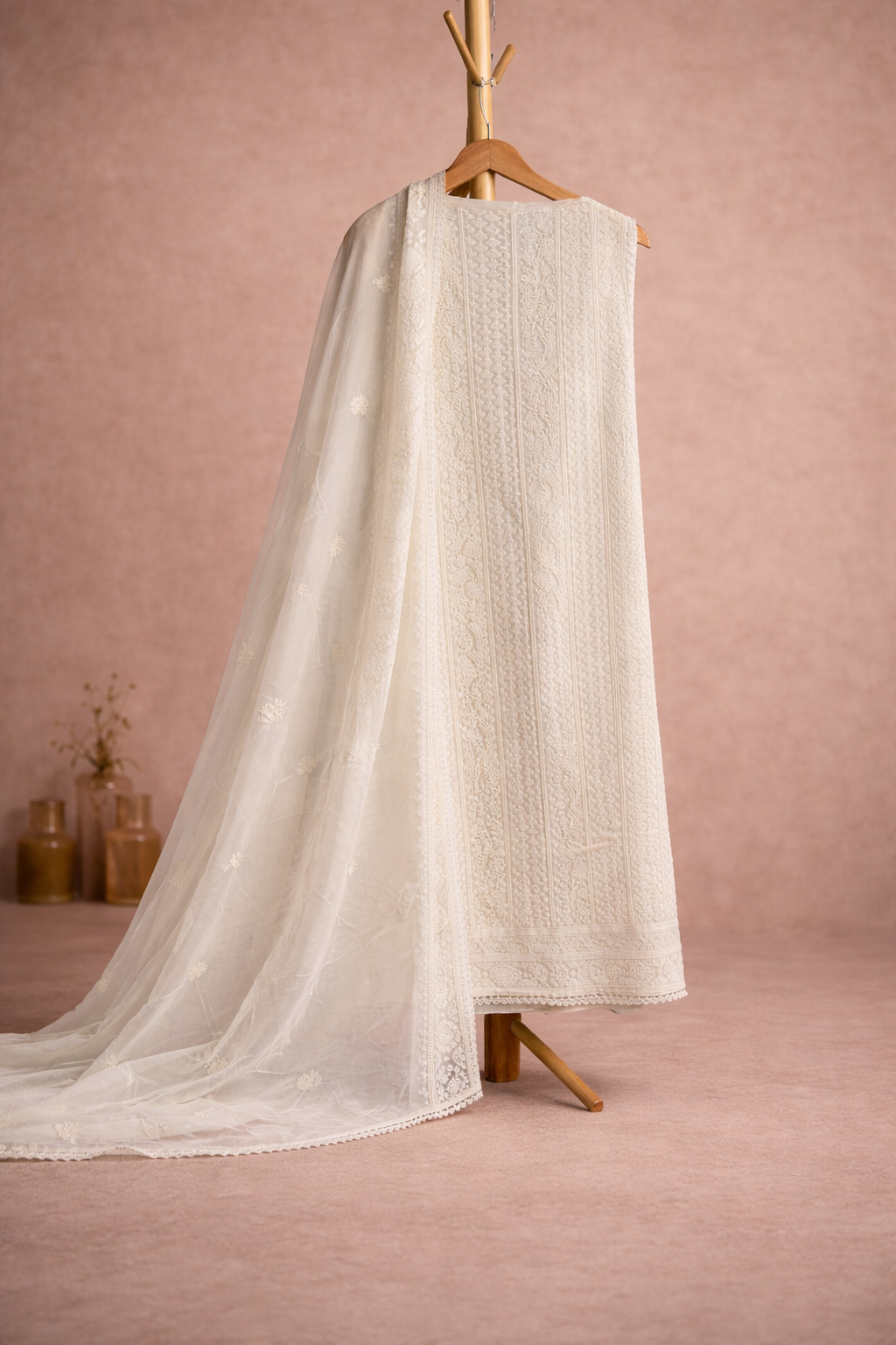 WHITE LUKHNAWI WORK UNSTICHED SUIT SET