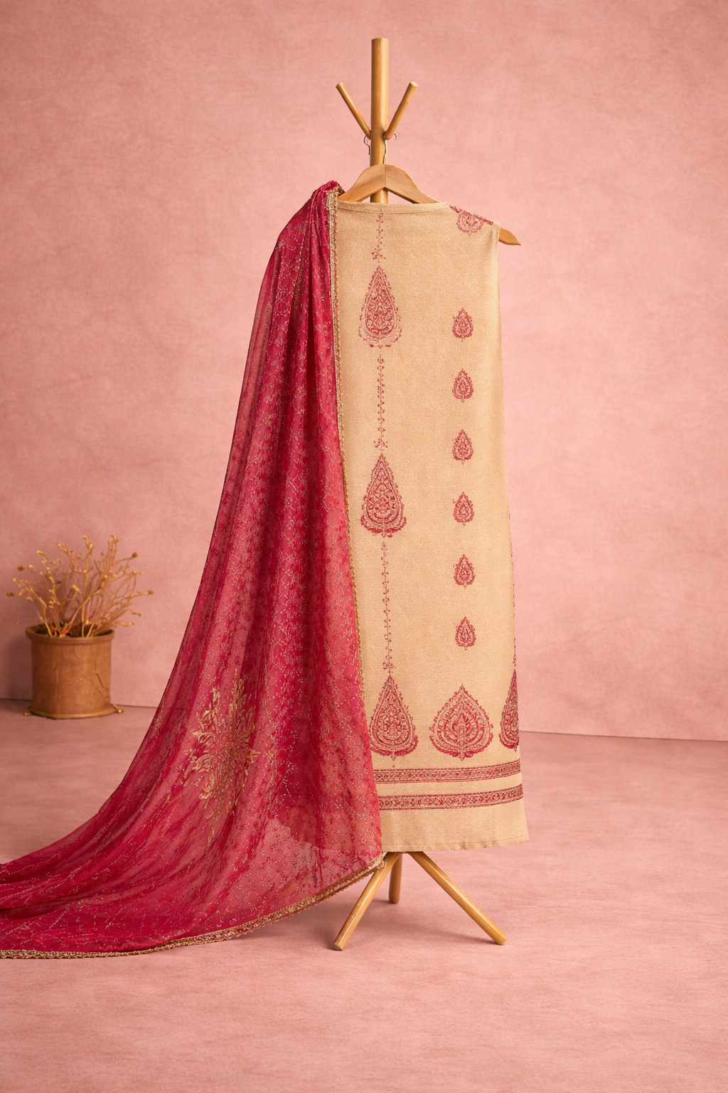 WHITE AND PINK BLOCK PRINT UNSTICHED SUIT SET