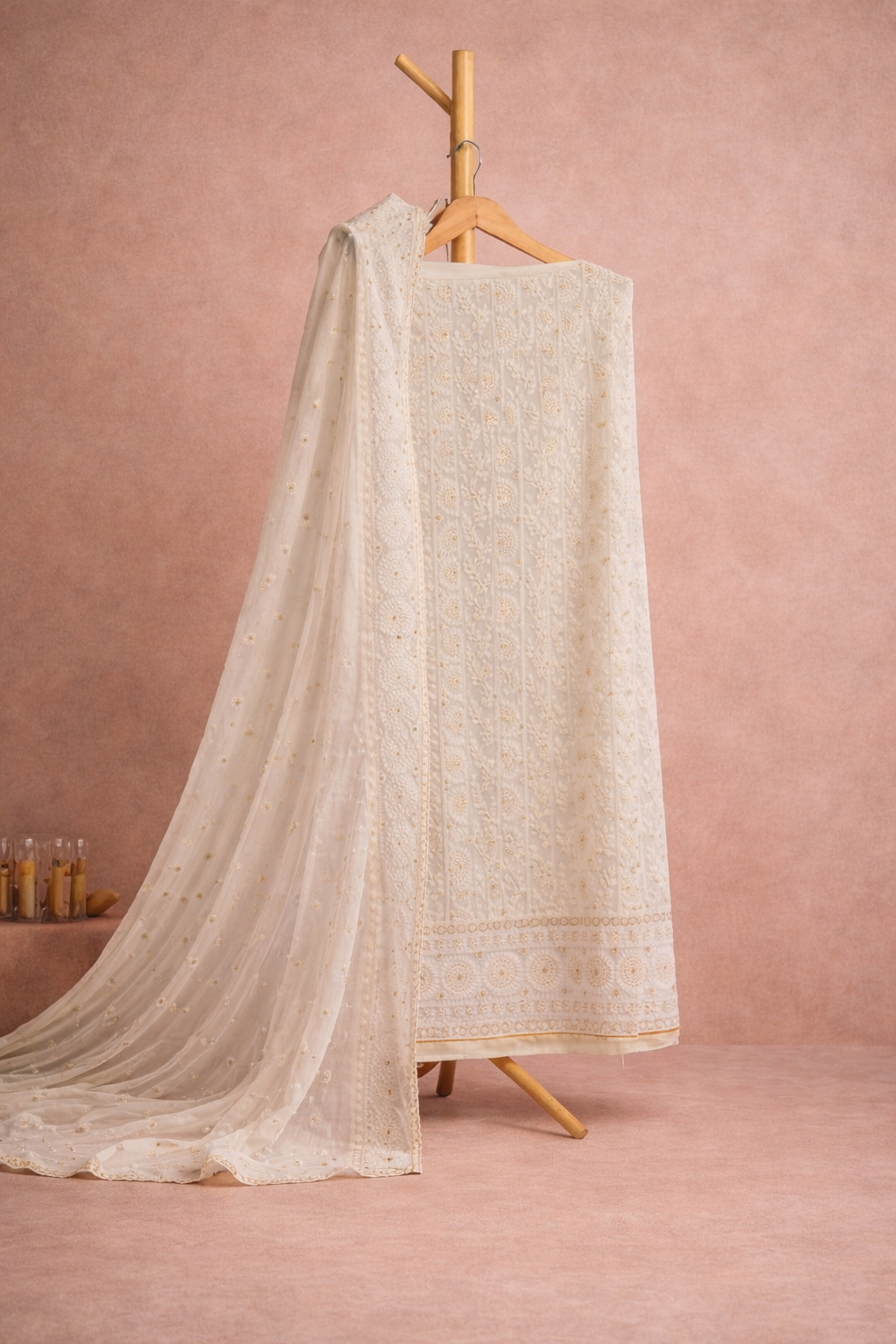 LUCKNAWI WHITE UNSTICHED SUIT SET