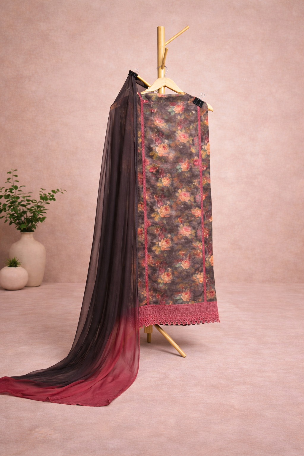 PINK N NBLACK FLORAL UNSTICHED SUIT SET