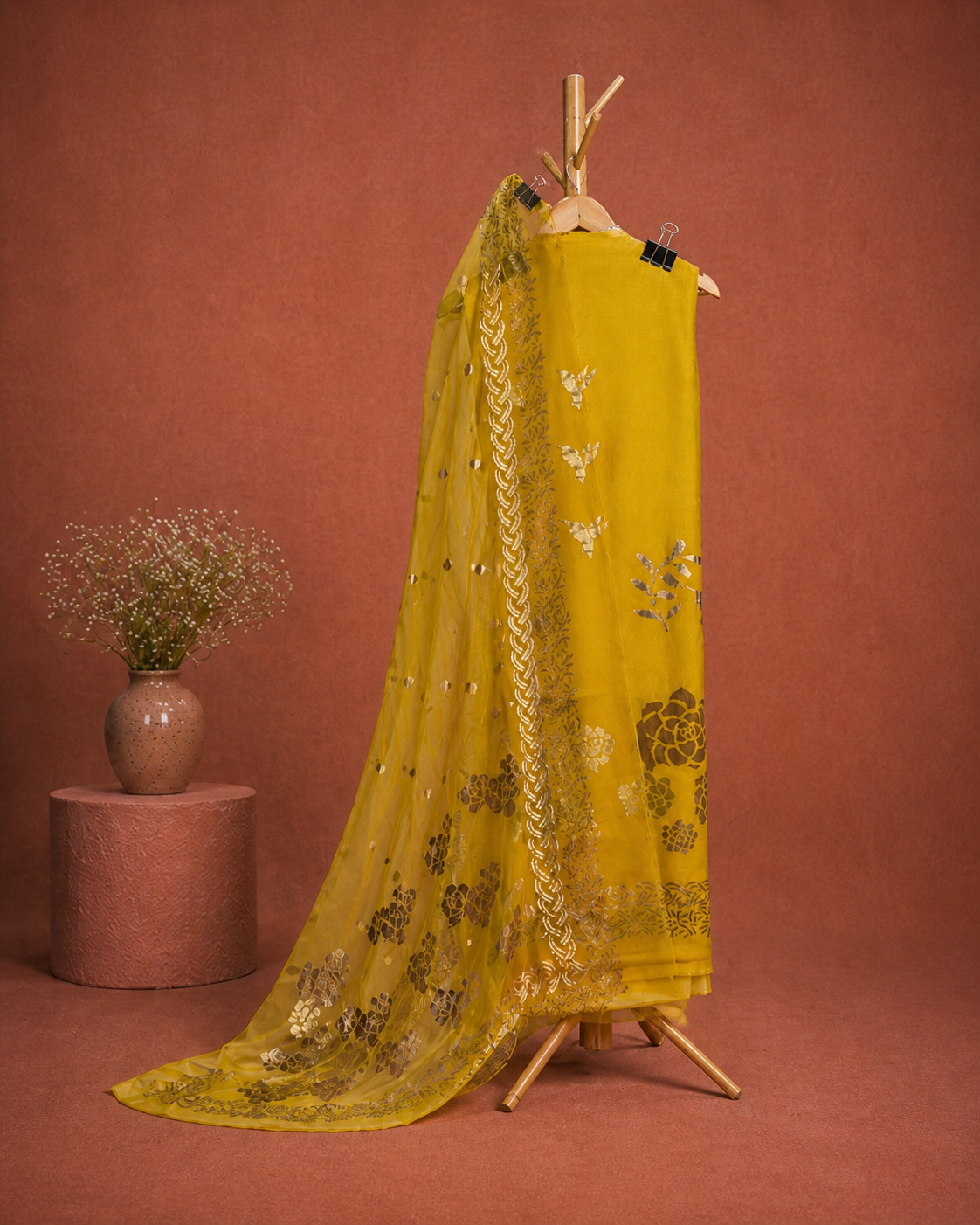YELLOW SILK UNSTICHED SUIT SET