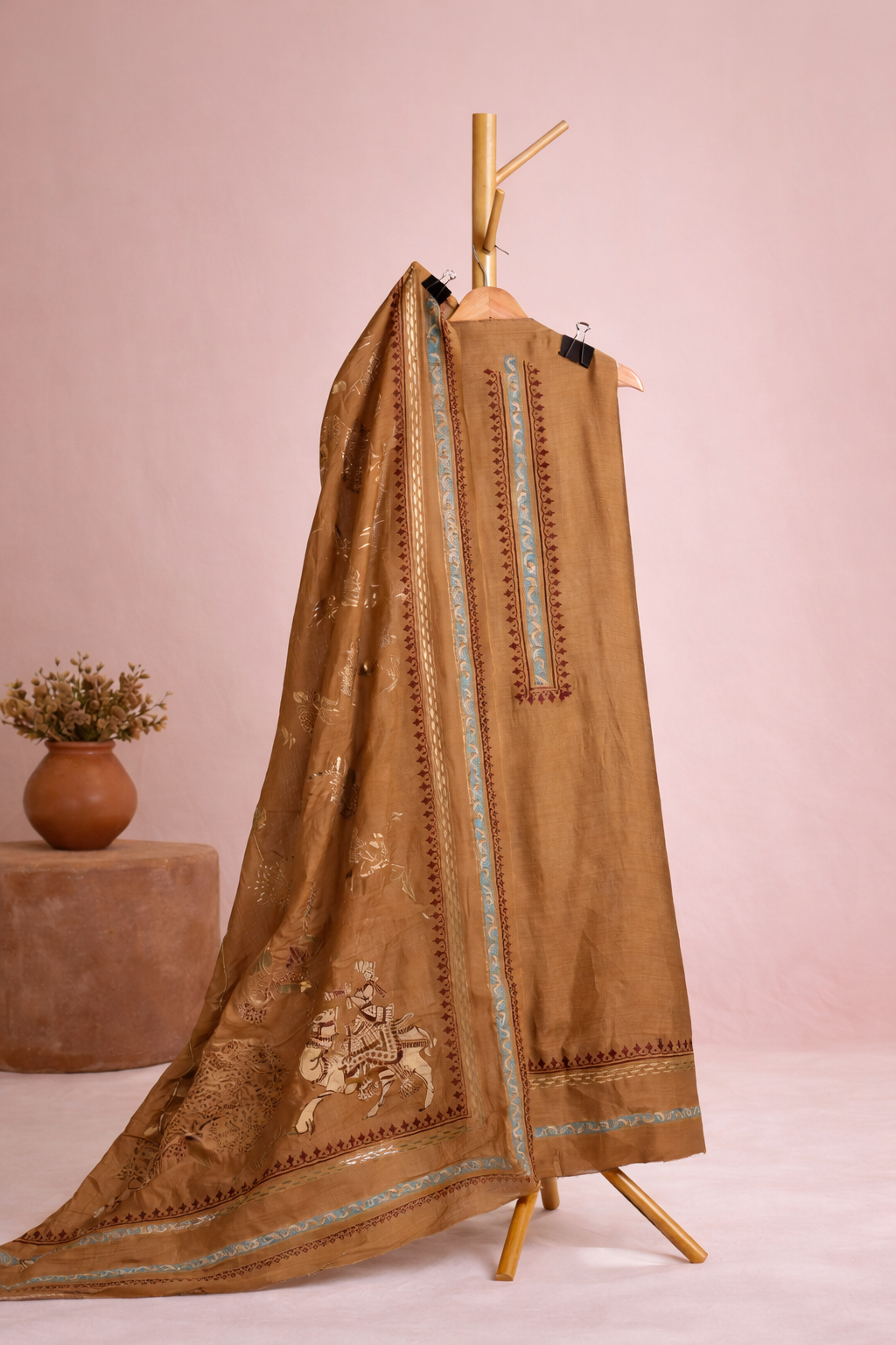 MUSTARD BLOCK PRINT EMBOSSED UNSTICHED SUIT SET