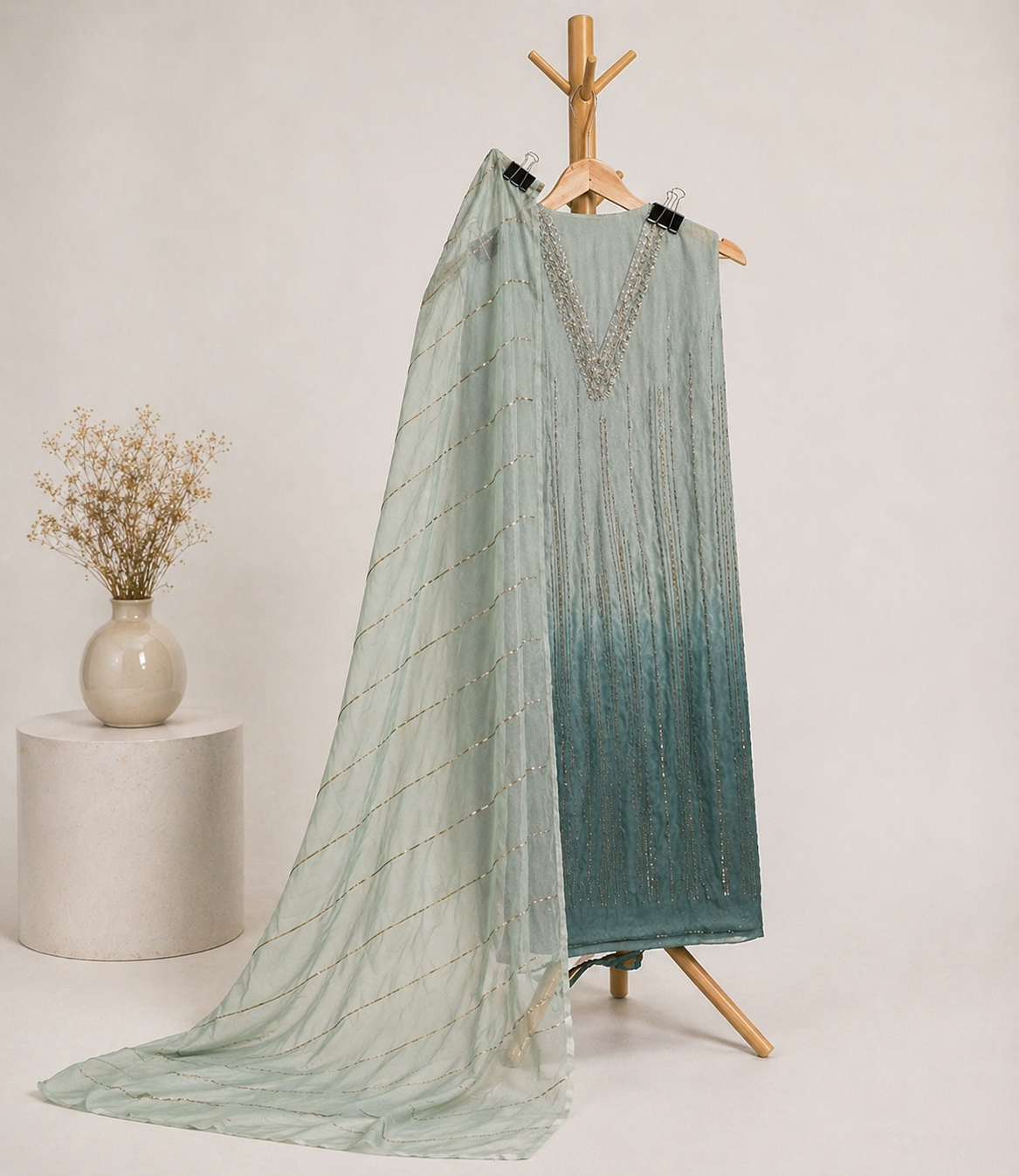 GREEN OMBRE HANDWORK UNSTICHED SUIT SET