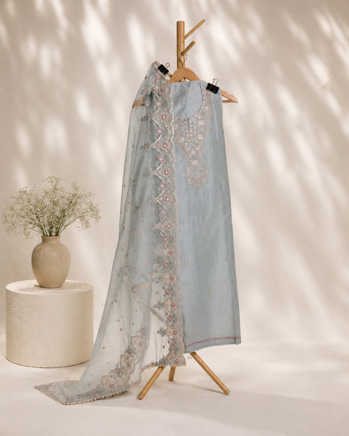 ICE BLUE ORGANZA EMBROIDERY UNSTICHED SUIT SET