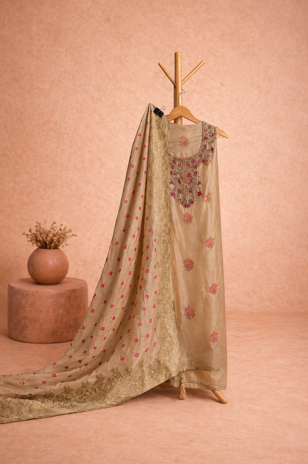 IVORY HANDWORK UNSTICHED SUIT SET