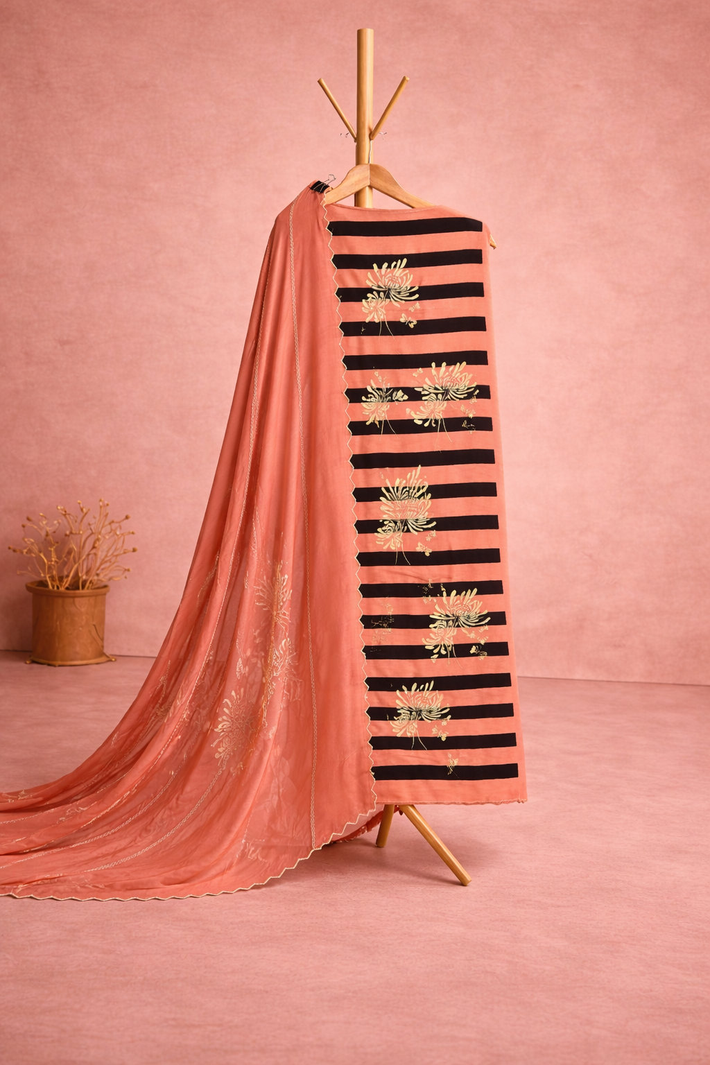 PINK BLOCKPRINT WITHE MACHINE WORK UNSTICHED SUIT SET