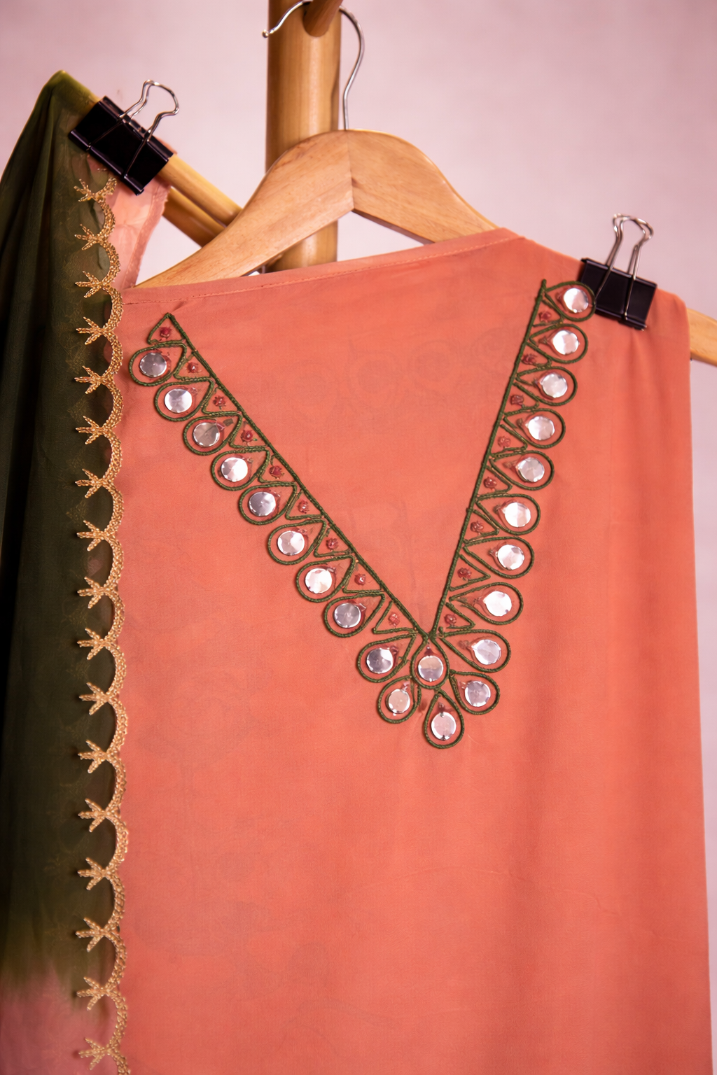 PEACH MIRROR AND AARI WORK UNSTICHED SUIT SET