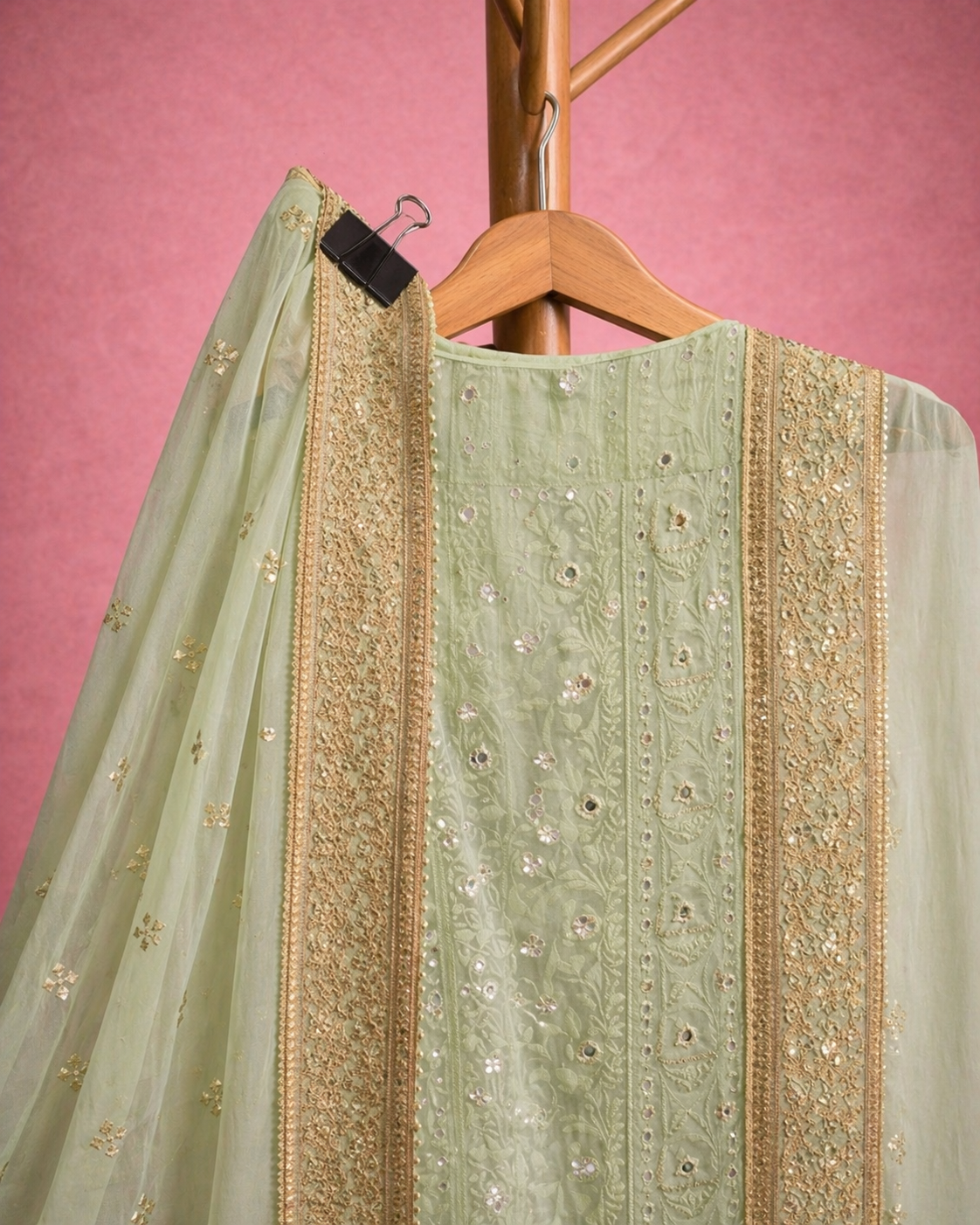 PASTEL GREEN CHICKEN KARRI UNSTICHED SUIT SET