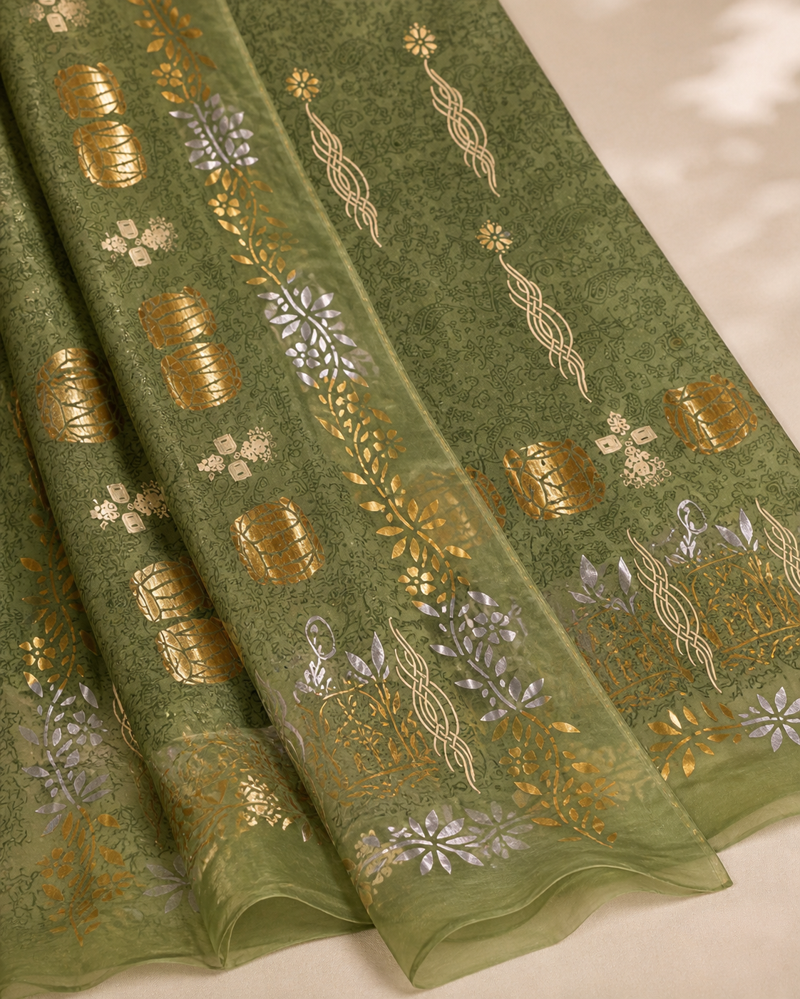 GREEN EMBOSSED ORGANZA UNSTICHED SUIT SET