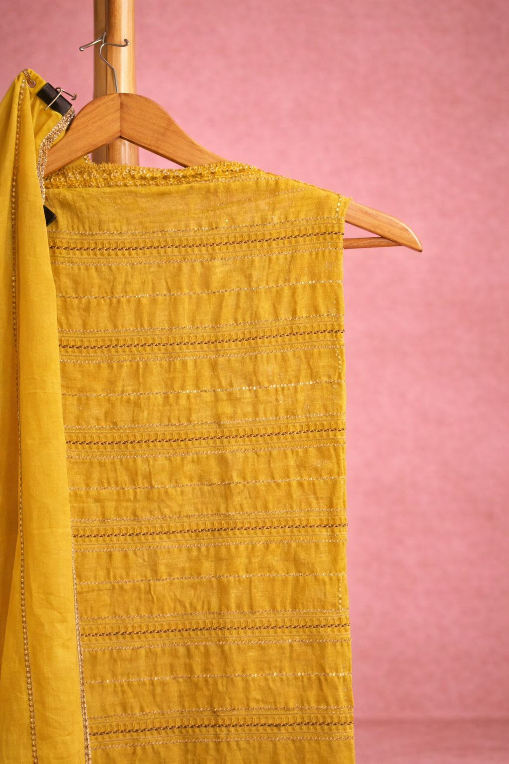 HANDWORK MUSTARD UNSTICHED SUIT SET
