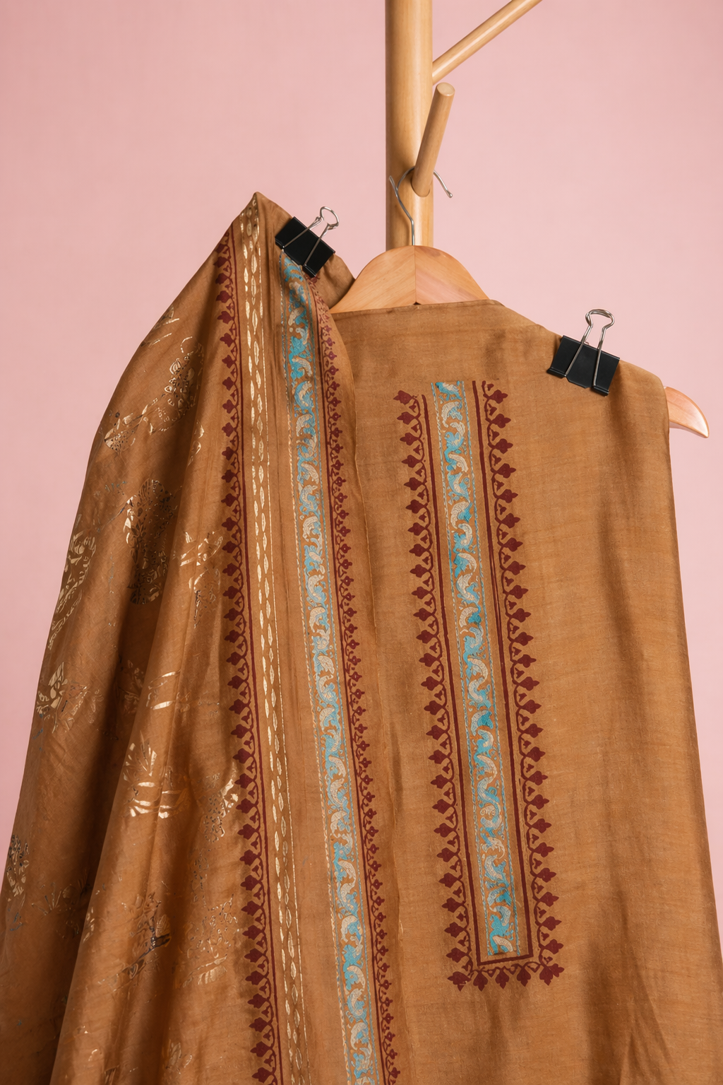 MUSTARD BLOCK PRINT EMBOSSED UNSTICHED SUIT SET