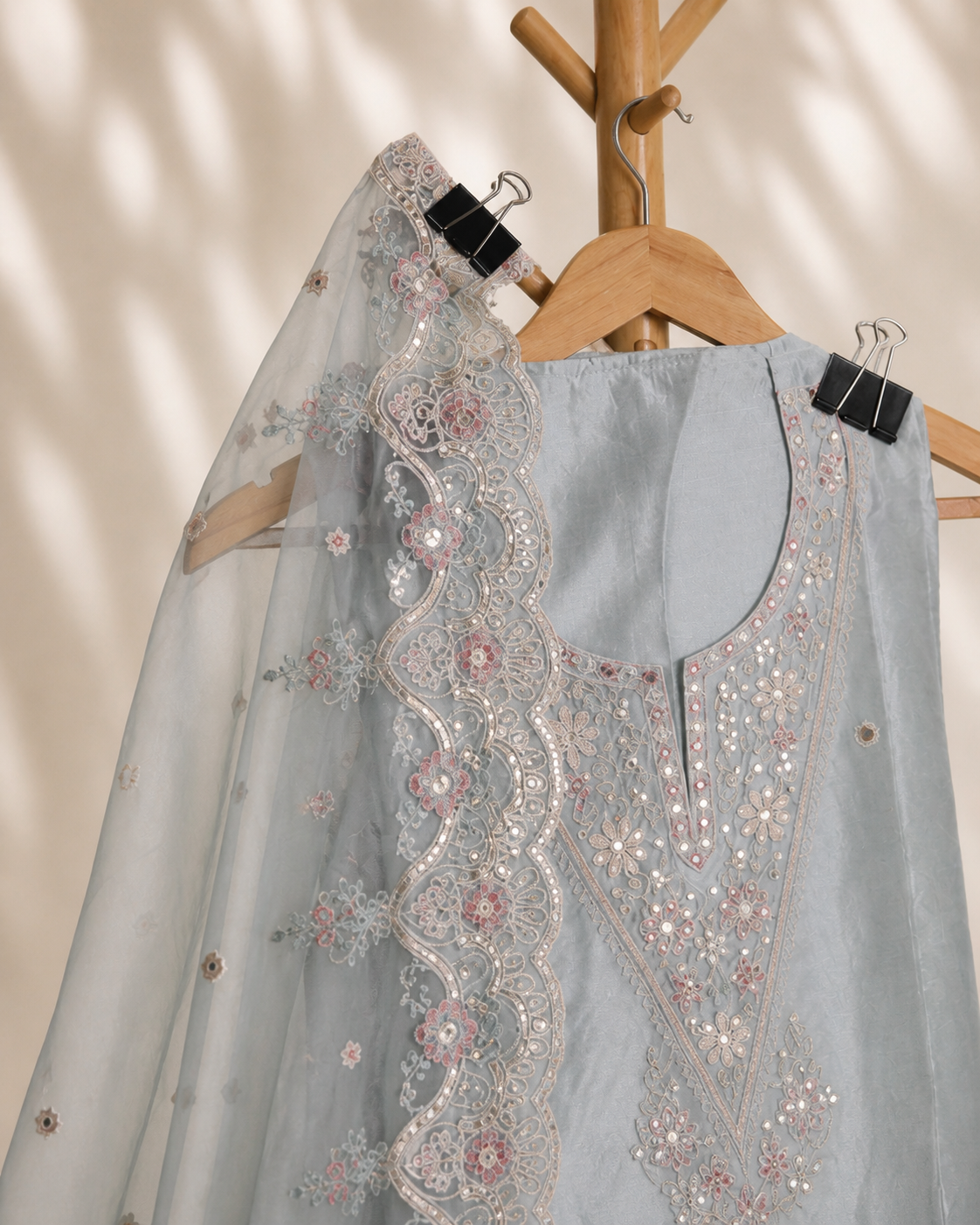 ICE BLUE ORGANZA EMBROIDERY UNSTICHED SUIT SET