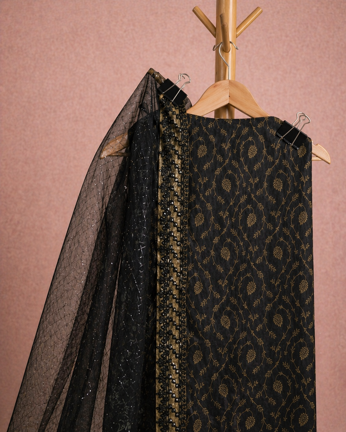 BLACK HANDWORK EMBROIDERY WORK UNSTICHED SUIT SET