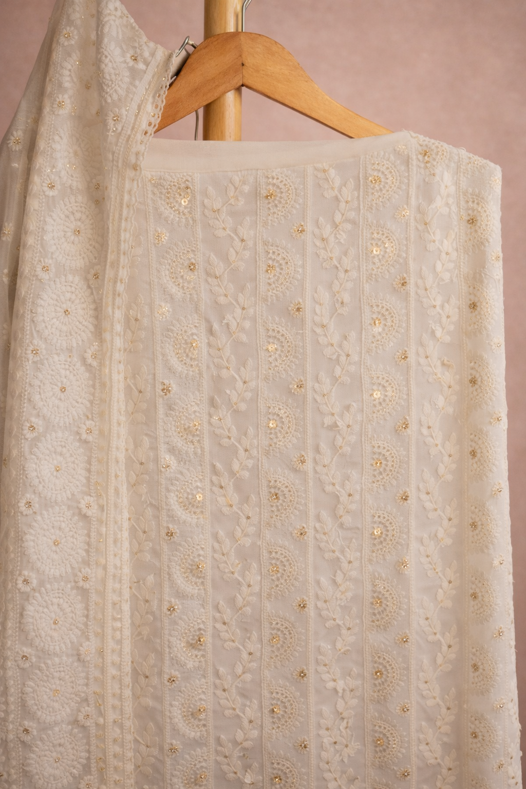 LUCKNAWI WHITE UNSTICHED SUIT SET