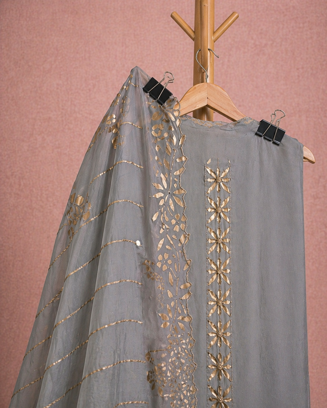 GREY SATIN UNSTICHED SUIT SET