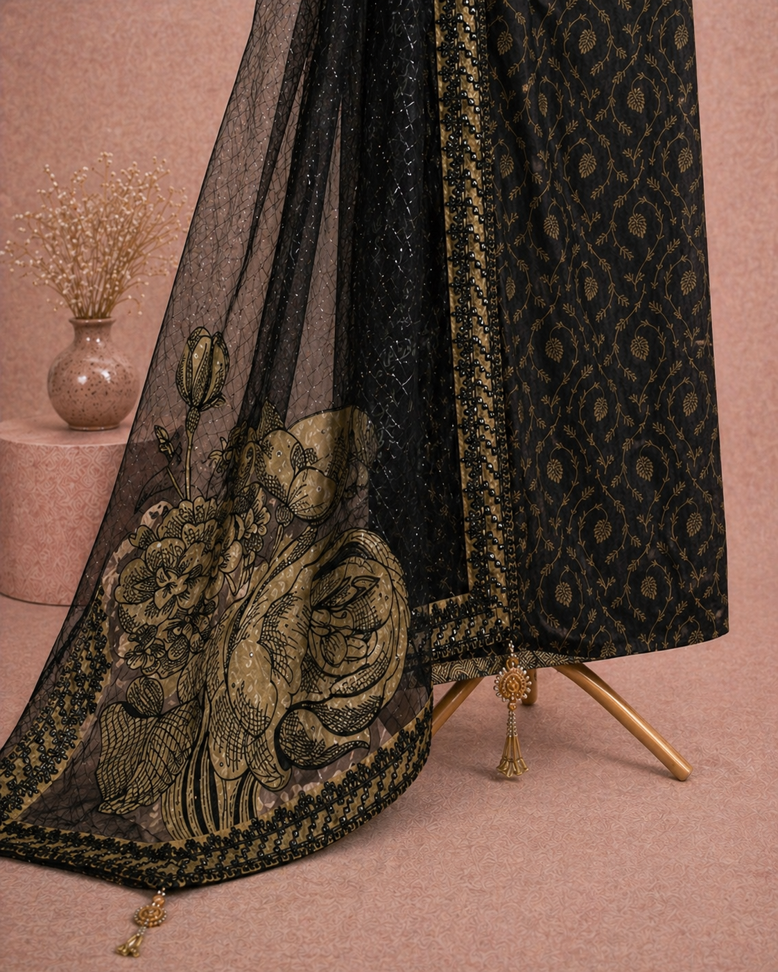 BLACK HANDWORK EMBROIDERY WORK UNSTICHED SUIT SET