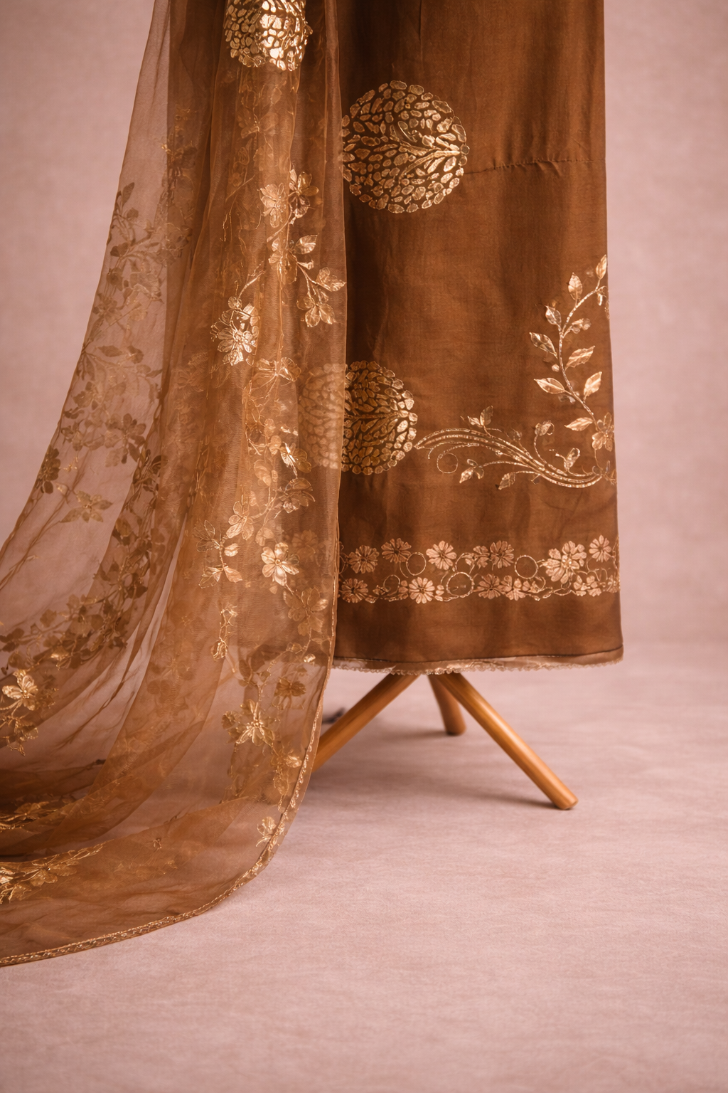 EMBOSSED WORK CINNAMON UNSTICHED SUIT SET