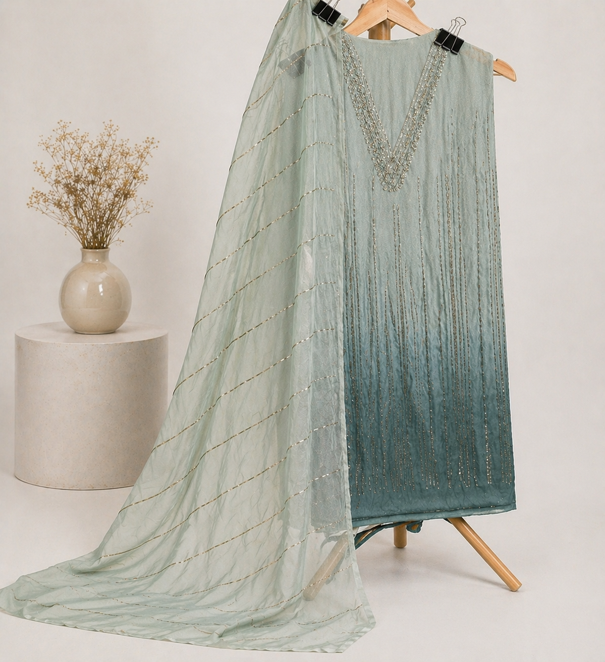 GREEN OMBRE HANDWORK UNSTICHED SUIT SET