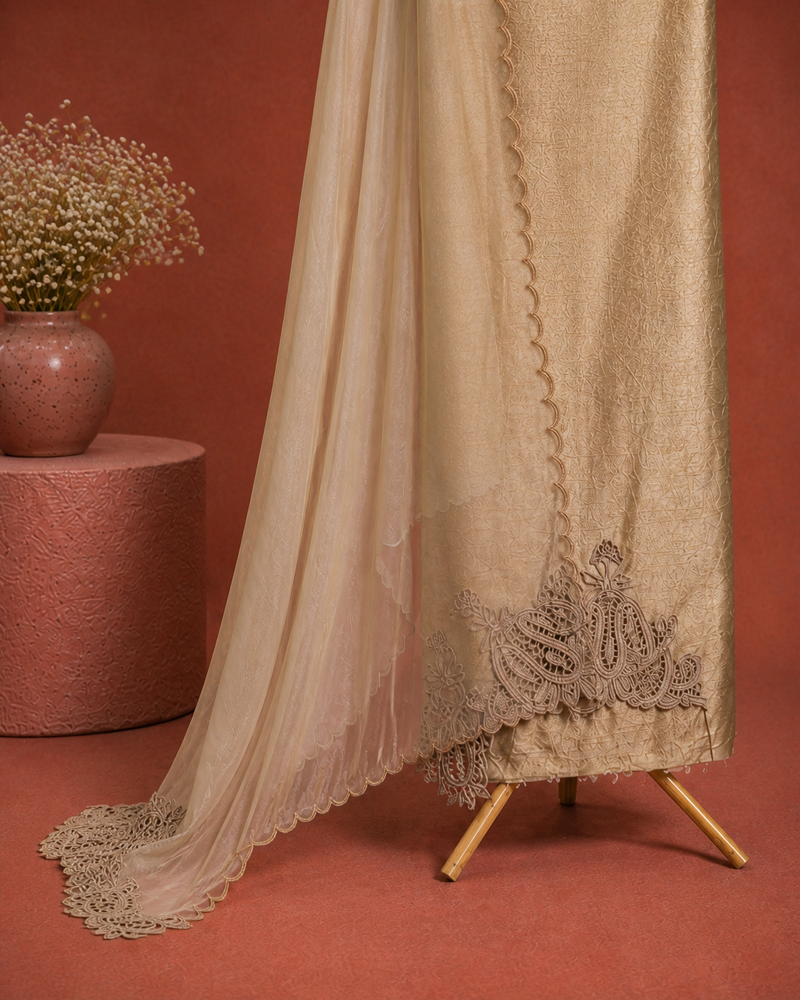 BEIGE MACHINE WORK SILK N ORGANZA UNSTICHED SUIT SET