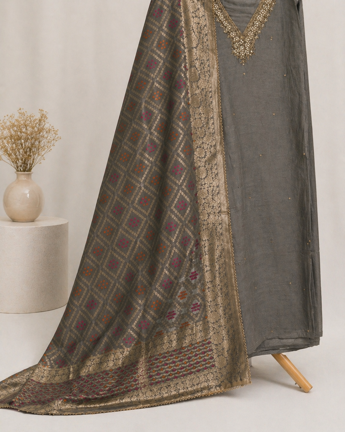 GREY HANDWORK SILK UNSTCIHED SUIT SET
