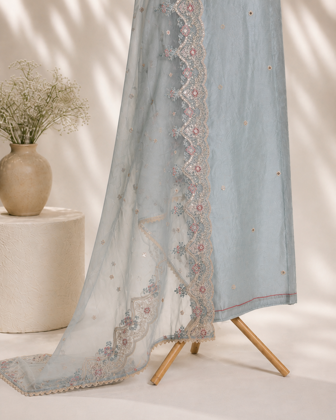 ICE BLUE ORGANZA EMBROIDERY UNSTICHED SUIT SET