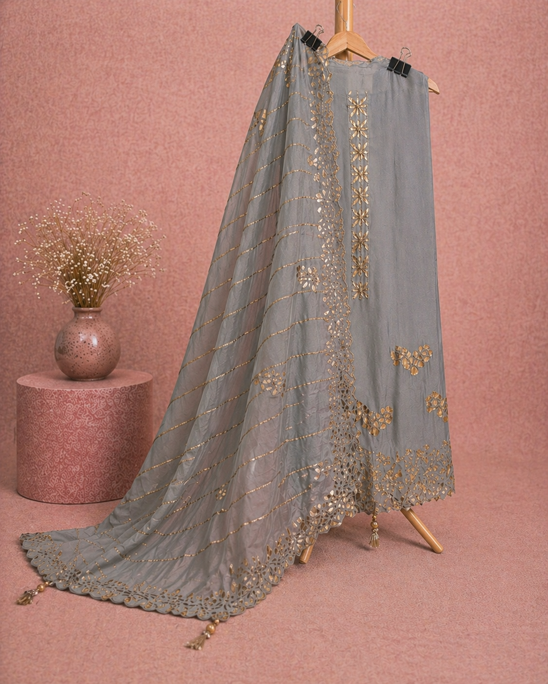 GREY SATIN UNSTICHED SUIT SET