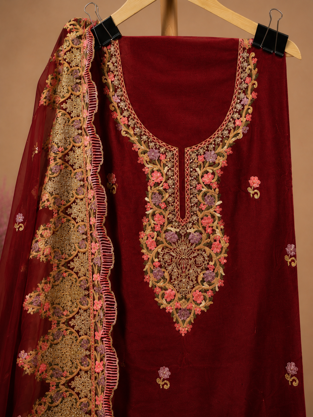 MEHROON UNSTICHED SUIT SET